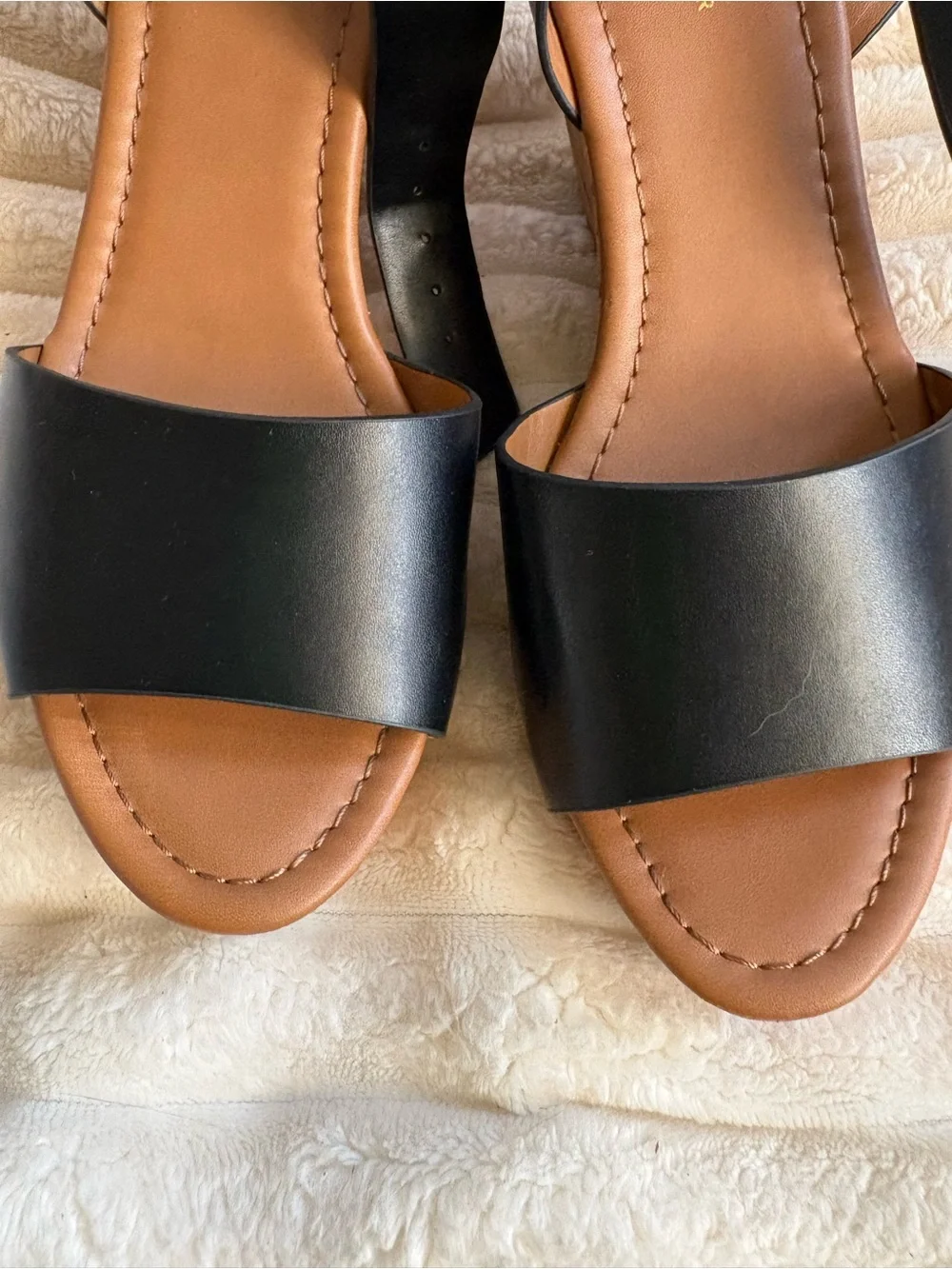 Tommy Hilfiger Black Leather Wedge Sandals with Tan Footbed